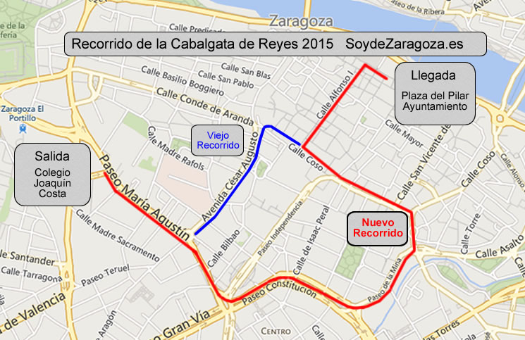 Mapa del recorrido de la Cabalgata de los Reyes Magos 2015 en Zaragoza