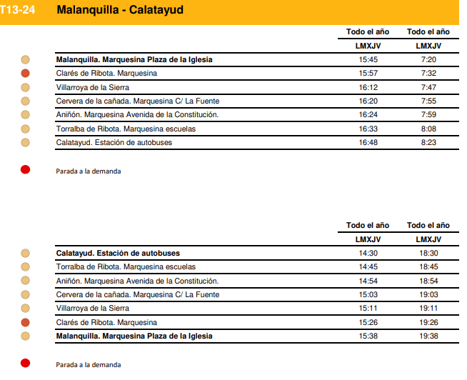 Bus Malanquilla – Calatayud: horarios y recorrido