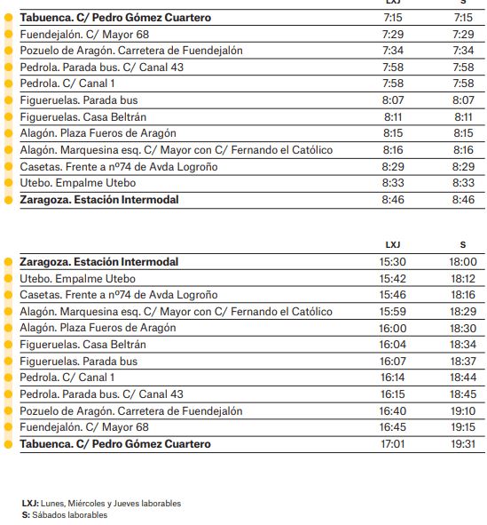 Bus Tabuenca-Fuendejalón-Pozuelo a Zaragoza: horarios, paradas y recorrido