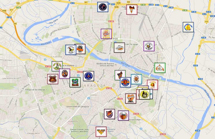 Las peñas de Zaragoza por barrios y mapa de ubicación