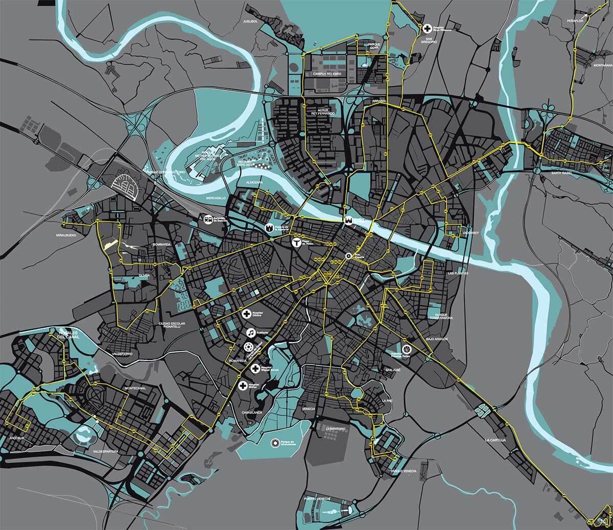 Mapa de los buhos de Zaragoza N1, N2, N3, N4, N5, N6 y N7