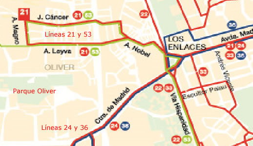 Mapa de autobuses para llegar al Parque de Oriente de Zaragoza, en el barrio Oliver.