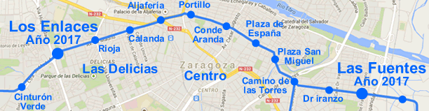 La línea 2 del tranvía de Zaragoza comenzaría a construirse en 2015 y llegaría a Los Enlaces y Las Fuentes en 2017