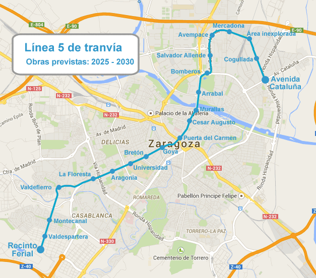 Trazado previsto de la Línea 5 del tranvía de Zaragoza