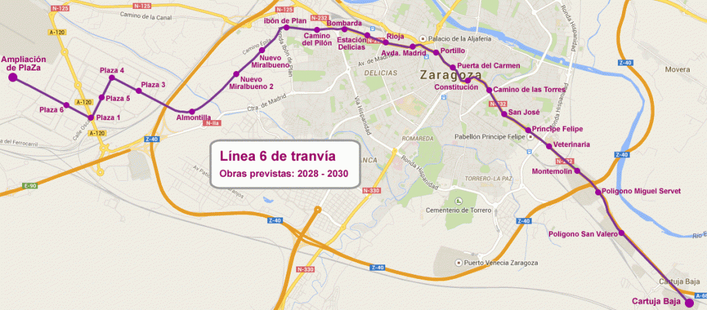 Mapa del recorrido de la línea 6 del tranvía de Zaragoza
