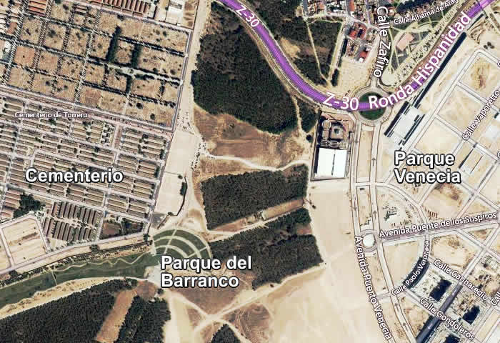 Parque del Barranco, situado entre el cementerio de Torrero y el barrio de Puerto Venecia