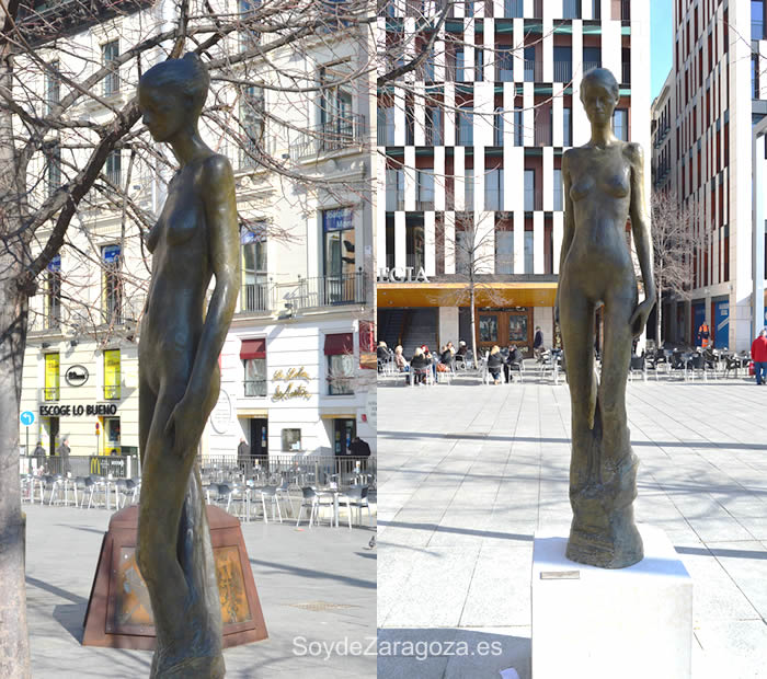 Vistas de la escultura 'Mujer con manto azul' de frente y de lateral.