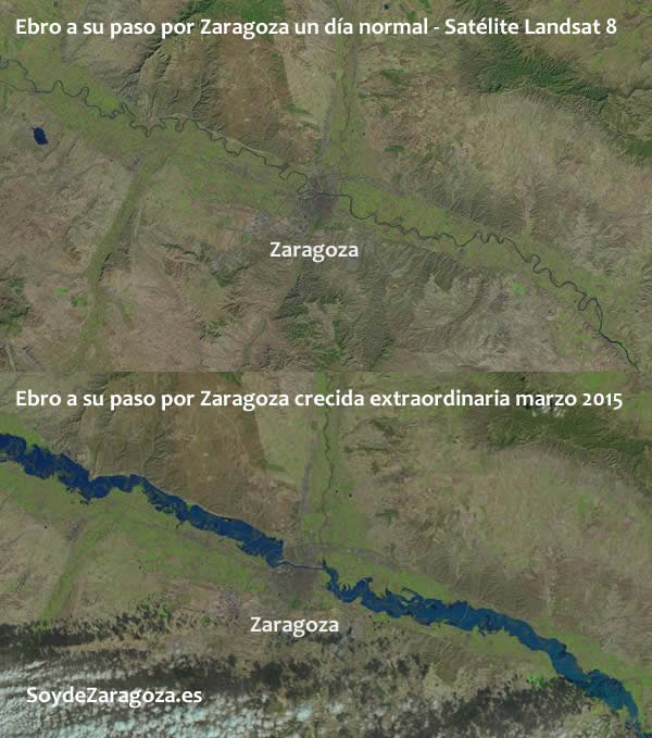 Imágenes del Landsat8 comparando un día normal con los días de la riada del Ebro.