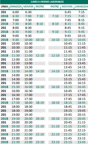 Horarios de lunes a viernes en la línea de Movera