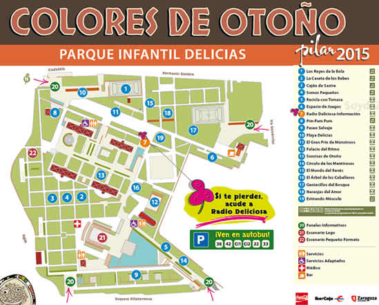 Mapa de situación del Parque Delicias en las Fiestas del Pilar con las Actividades de Colores de Otoño