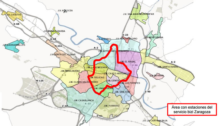 Distritos de Zaragoza - En rojo aparece el área dónde está en funcionamiento el Servicio Bizi.