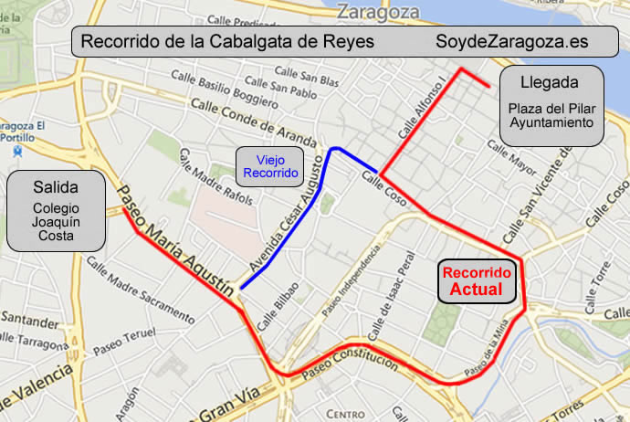 Mapa del recorrido de la Cabalgata de los Reyes Magos en Zaragoza