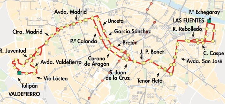 Plano del recorrido con paradas de la línea 24 de AUZSA Zaragoza