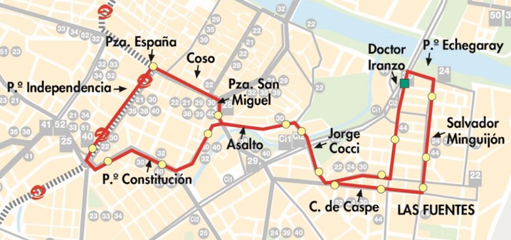 Línea 30 de Auzsa en Zaragoza, plano-mapa del recorrido