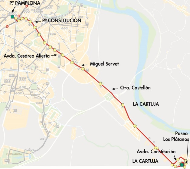 Plano-mapa línea 25 a La Cartuja Zaragoza