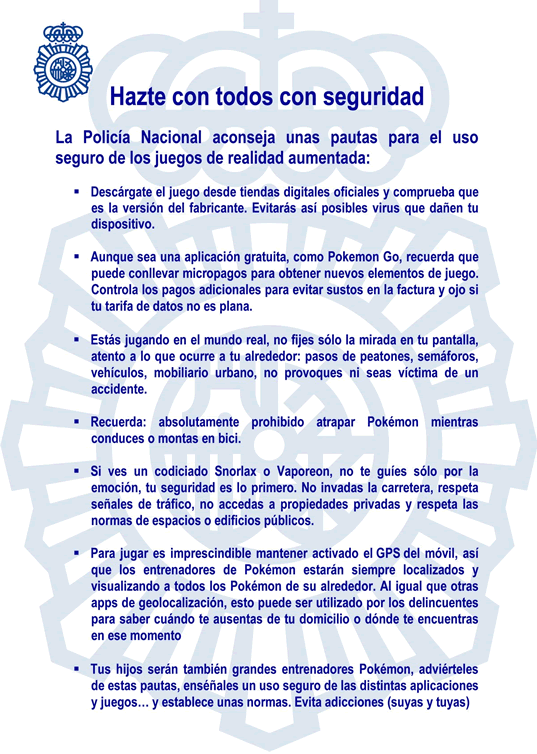 Avisos de la Policía Nacional para jugar a Pokemon Go.