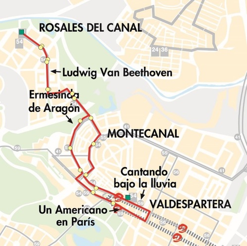 Mapa-plano de la línea 54 de Auzsa en ZaragozaMapa-plano de la línea 54 de Auzsa en Zaragoza