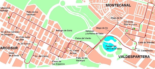 Plano-mapa de la línea 59 a Arcosur desde el tranvía de Zaragoza