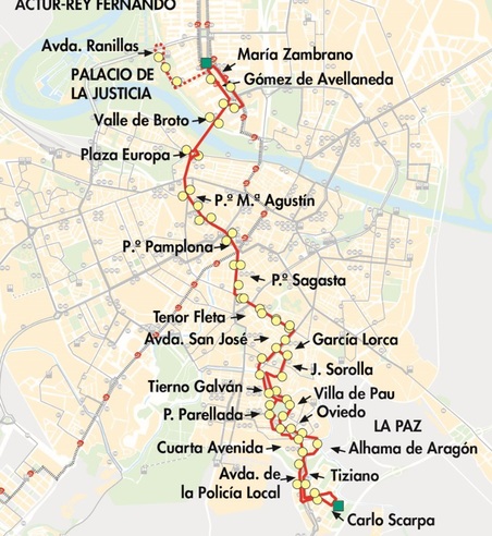 Línea 23 de AUZSA recorrido en Zaragoza capital. Plano-mapa