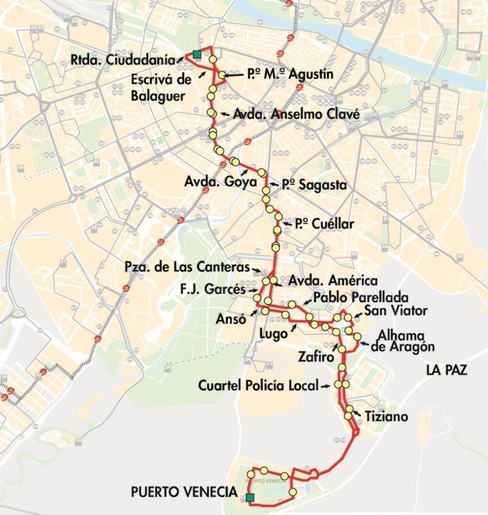 Mapa-plano de las línea 31 a Puerto Venecia y Aljafería en Zaragoza