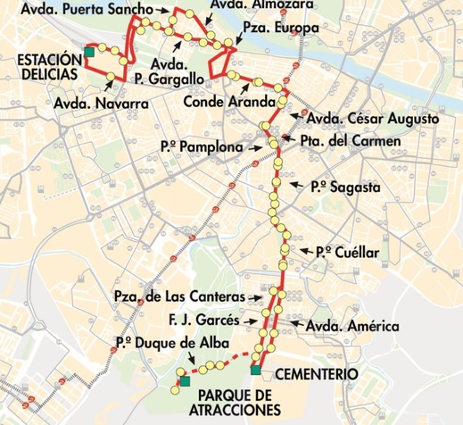 Línea 34 de Auzsa, plano-mapa del recorrido con paradas