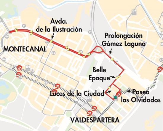 Mapa-plano de la línea 55 en Valdespartera y Montecanal, lanzadera al tranvía