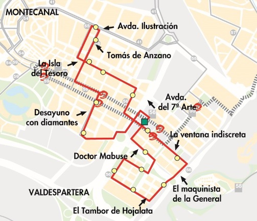 Plano-mapa del recorrido de la línea 56 en Valdespartera y Montecanal tuzsa auzsa