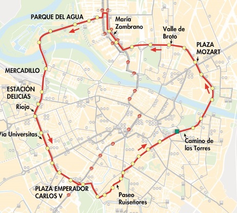 Línea Circular 2 de Zaragoza, mapa-recorrido de la línea