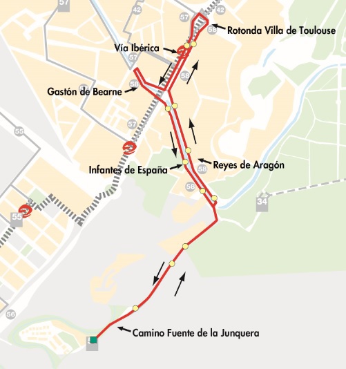 Plano-mapa de la línea 58 de Auzsa en Zaragoza