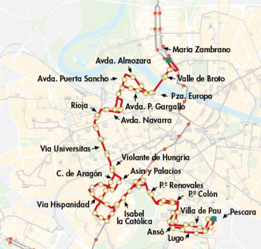 Mapa-recorrido de la línea 42 en Zaragoza