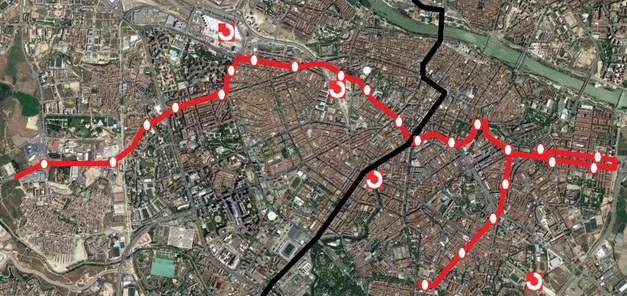 paradas mapa plano recorrido linea 2 de tranvia zaragoza